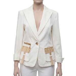 Roberto Cavalli Cream Tailored Blazer Jacket w/ Exotic Leather Trim – Size M